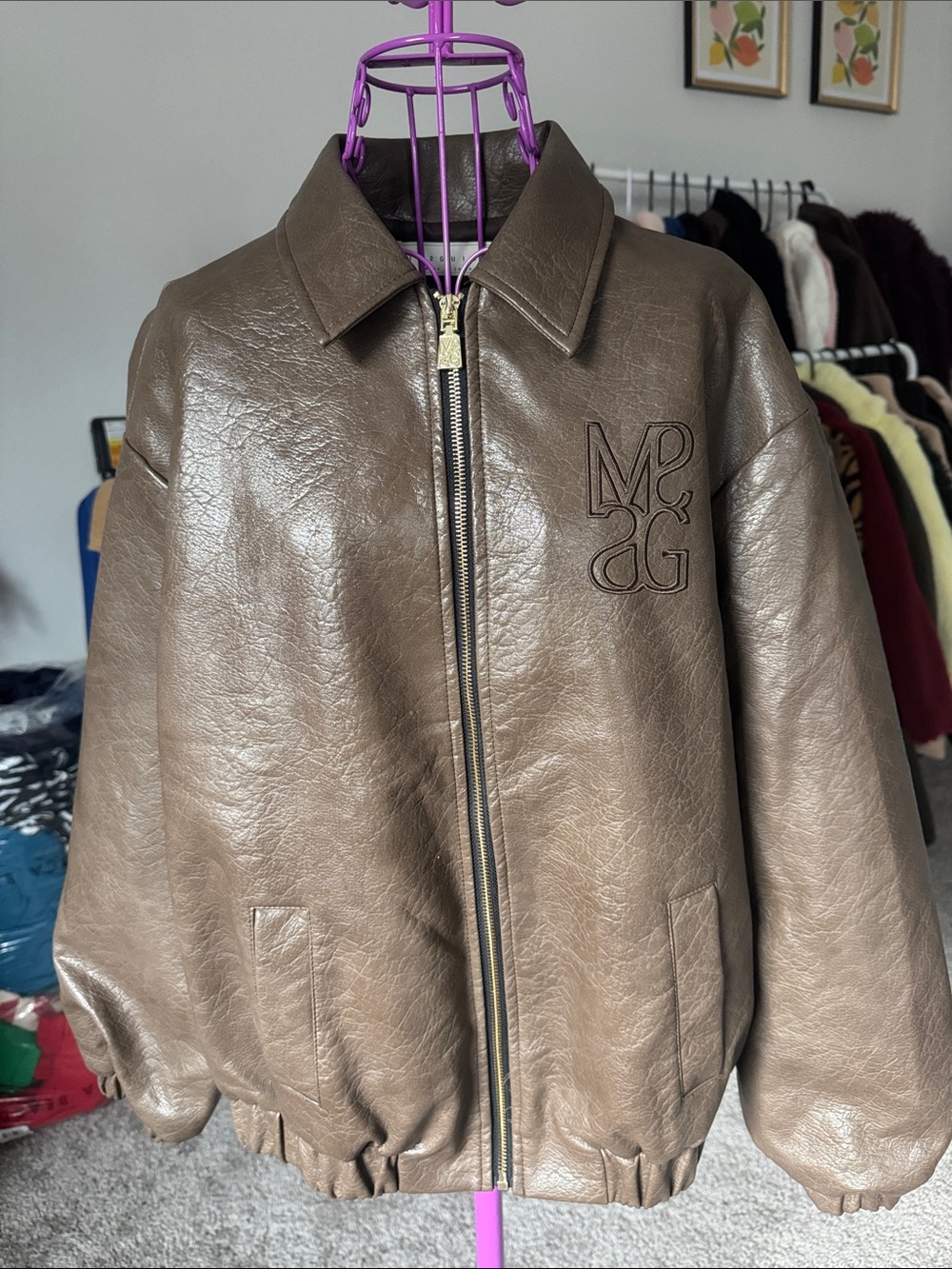 Misguided Taupe-Brown Embossed Logo Faux-Leather Bomber Jacket - Women's